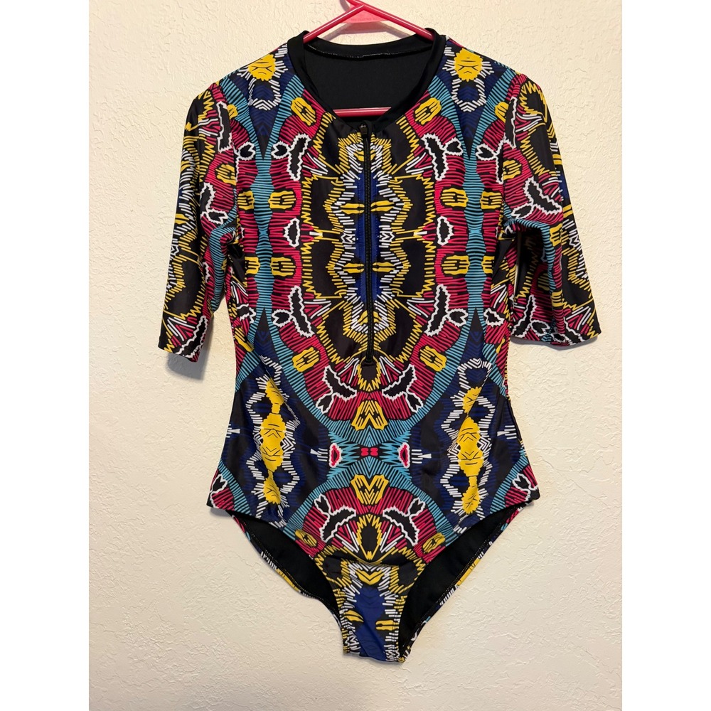 Tribal Geometric Print Long Sleeve One Piece Swimsuit Rash Guard Half Zip Large